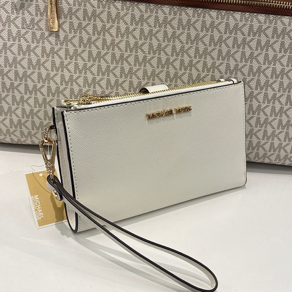 MICHAEL KORS LARGE DOUBLE ZIP WRISTLET WALLET PHONE CASE CLUTCH 
Optic White - Picture 2 of 16